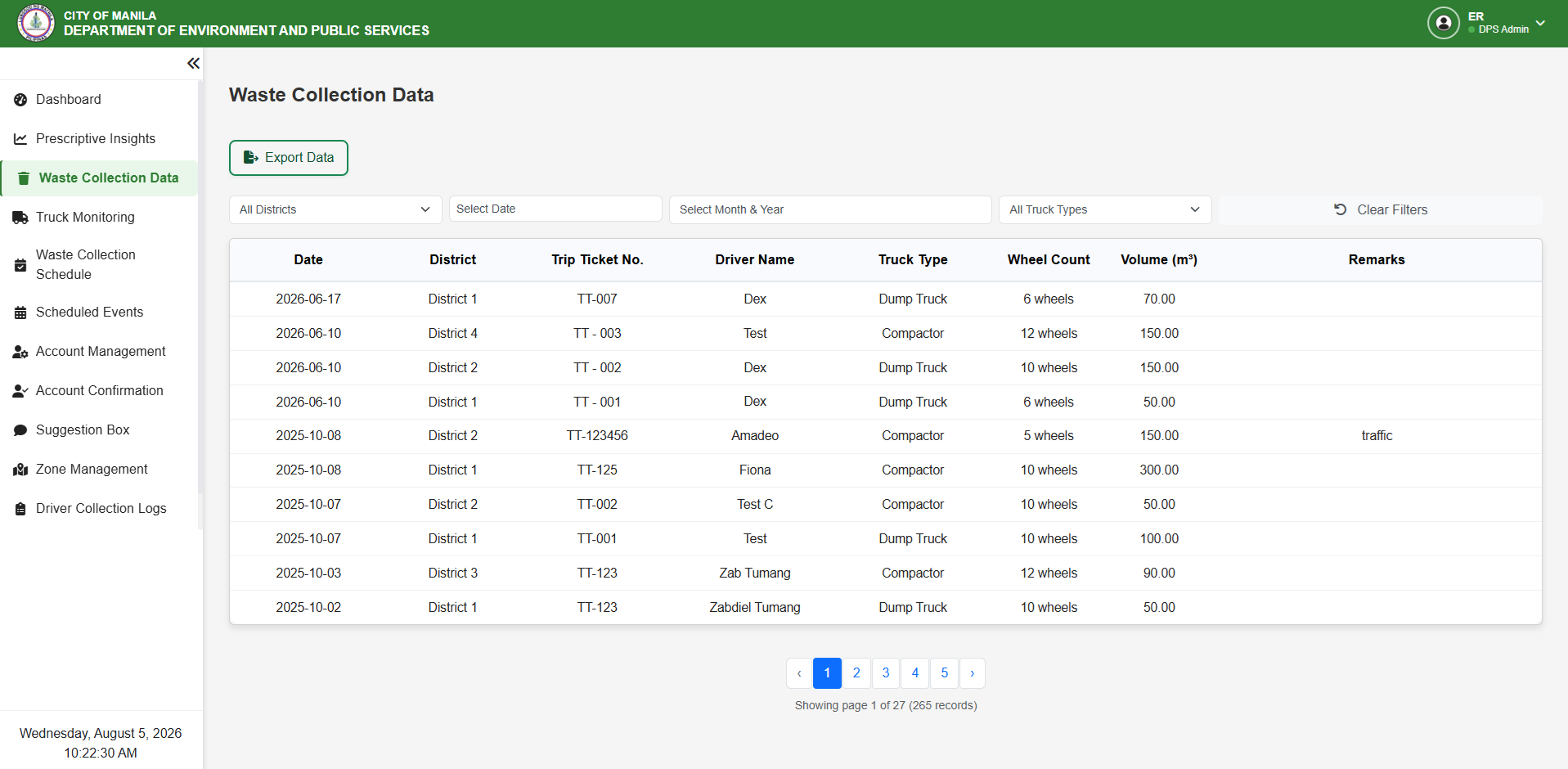 Collection data screen